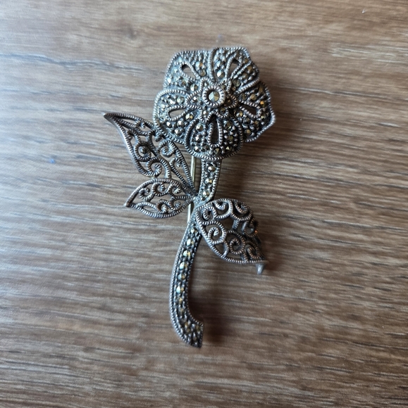 Jewelry - Vintage Sterling Silver Pin Brooch Marcasite Flower Gothic Hollywood Judith Jack